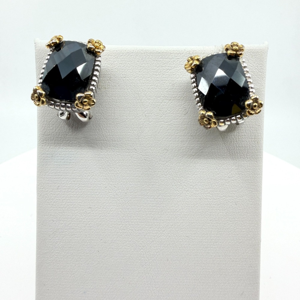 VTG Two Tone Gold & Silver Black Onyx Cushion Cut Omega Back Earrings